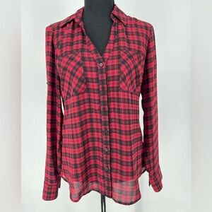 EXPRESS‎ PORTOFINO NWOT SHIRT RED&BLK SHEER PLAID CLASSIC ESSENTIAL FASHION ICON